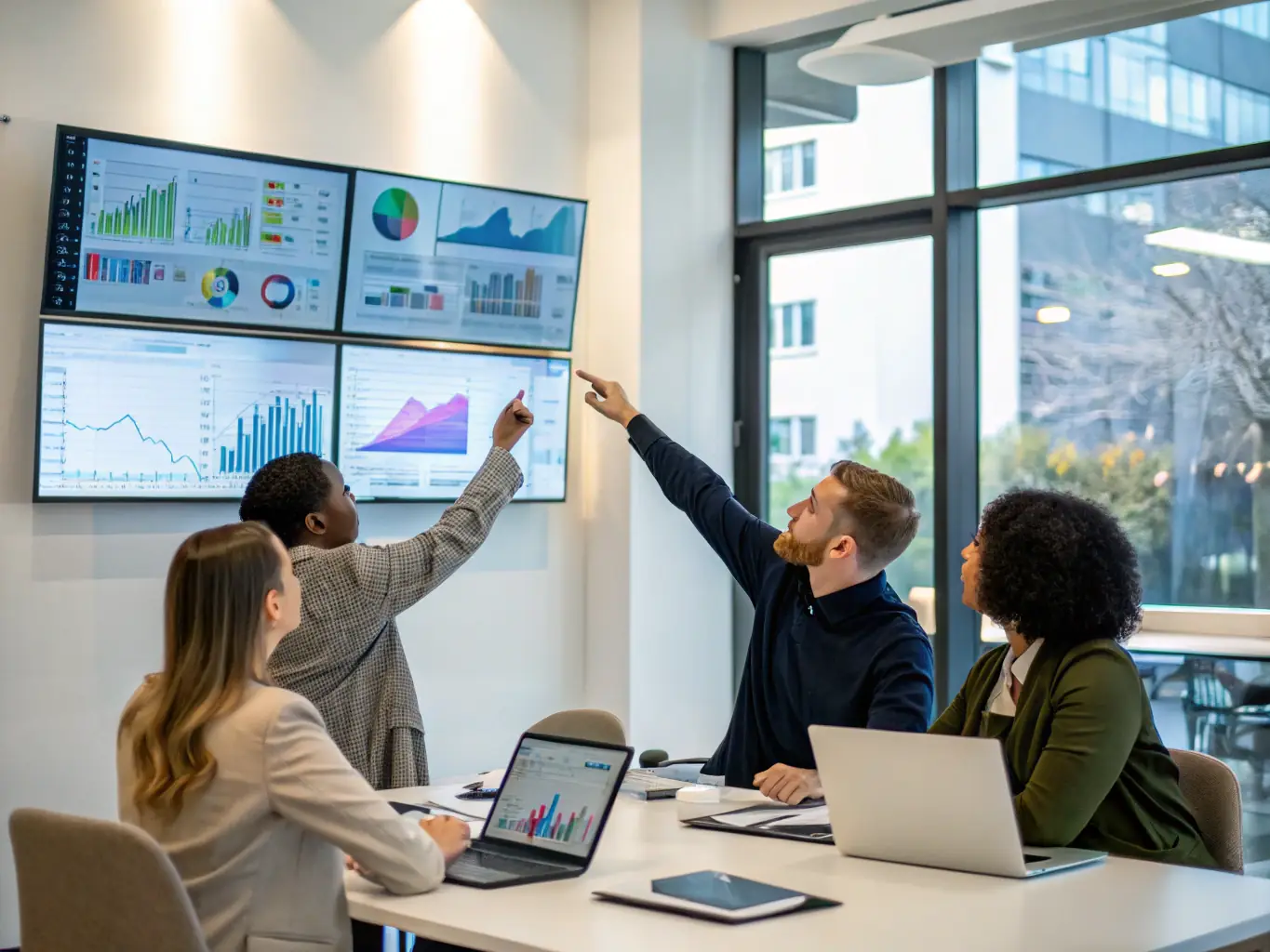 An image of a business team in a modern office discussing growth strategies with charts and graphs on a screen, representing Business Scaling Coaching.
