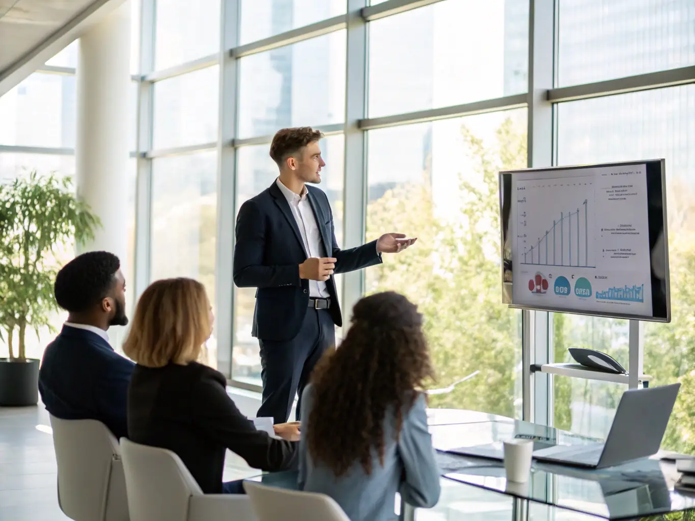 A professional coach presenting a strategic plan to a group of business owners in a conference room, illustrating Strategic Business Planning.