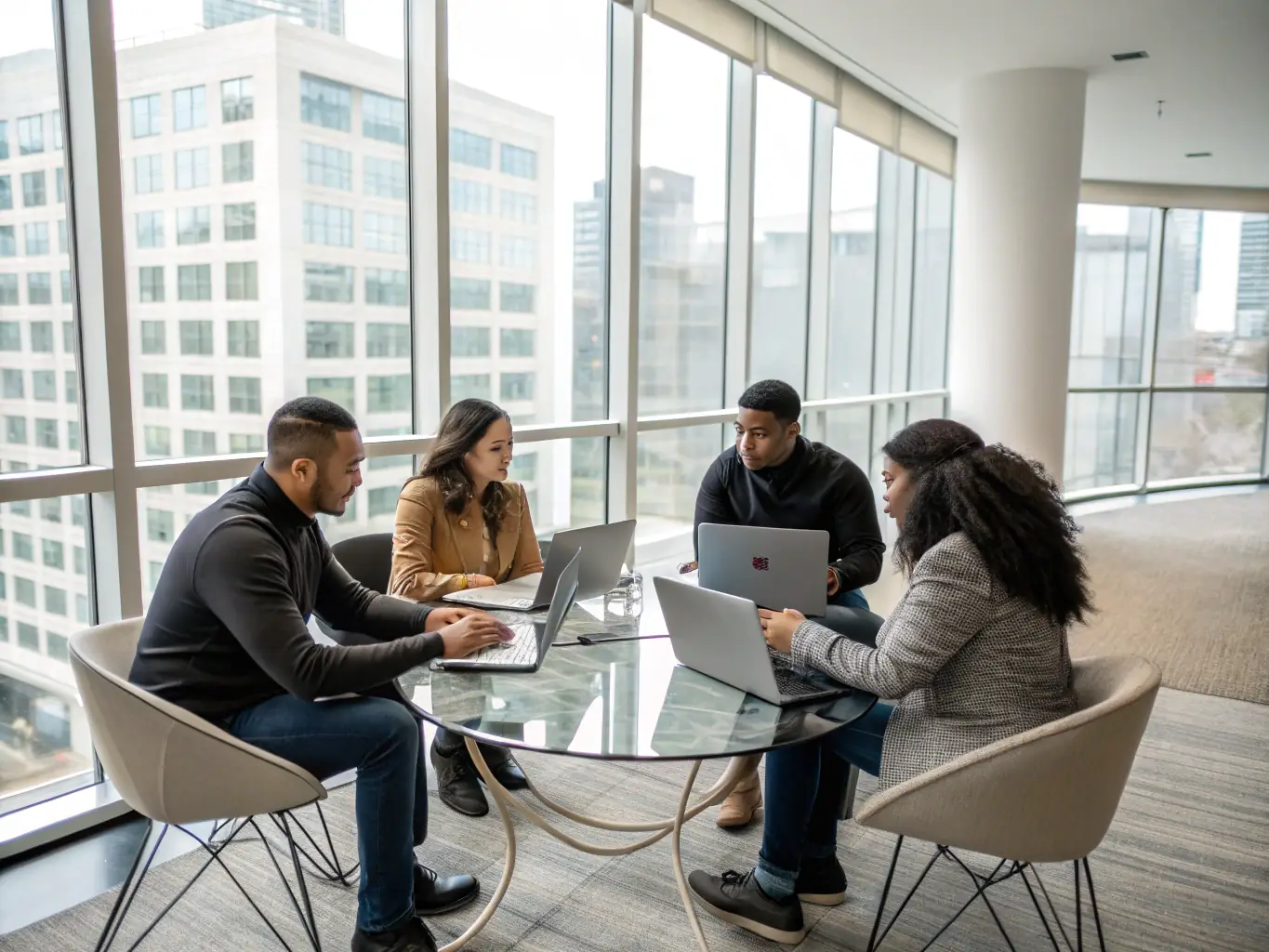 A diverse group of UK business professionals collaborating on a project in a co-working space, symbolizing collaborative business growth.