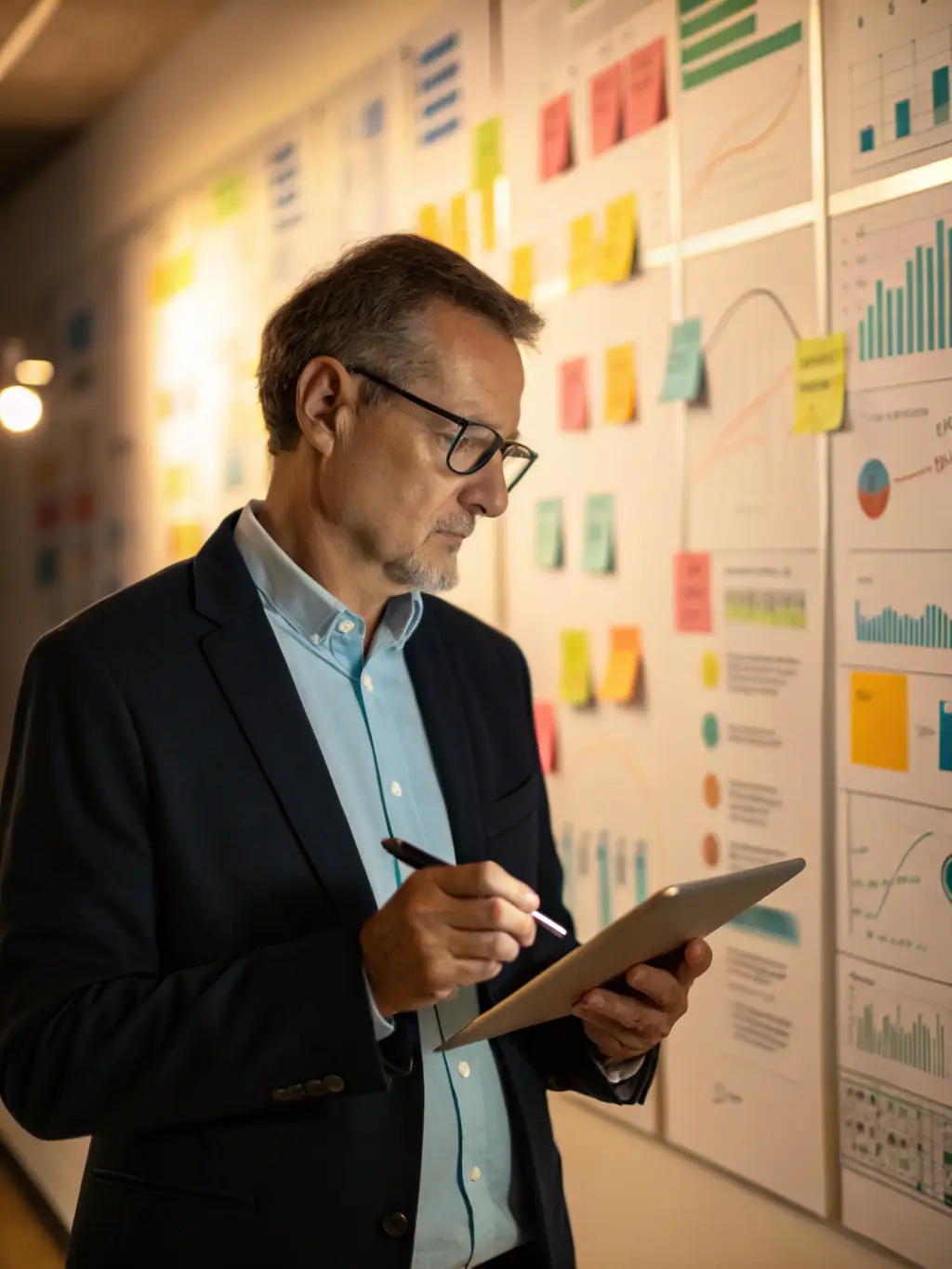 A professional British business owner reviewing growth charts in a modern office, symbolizing strategic scaling.
