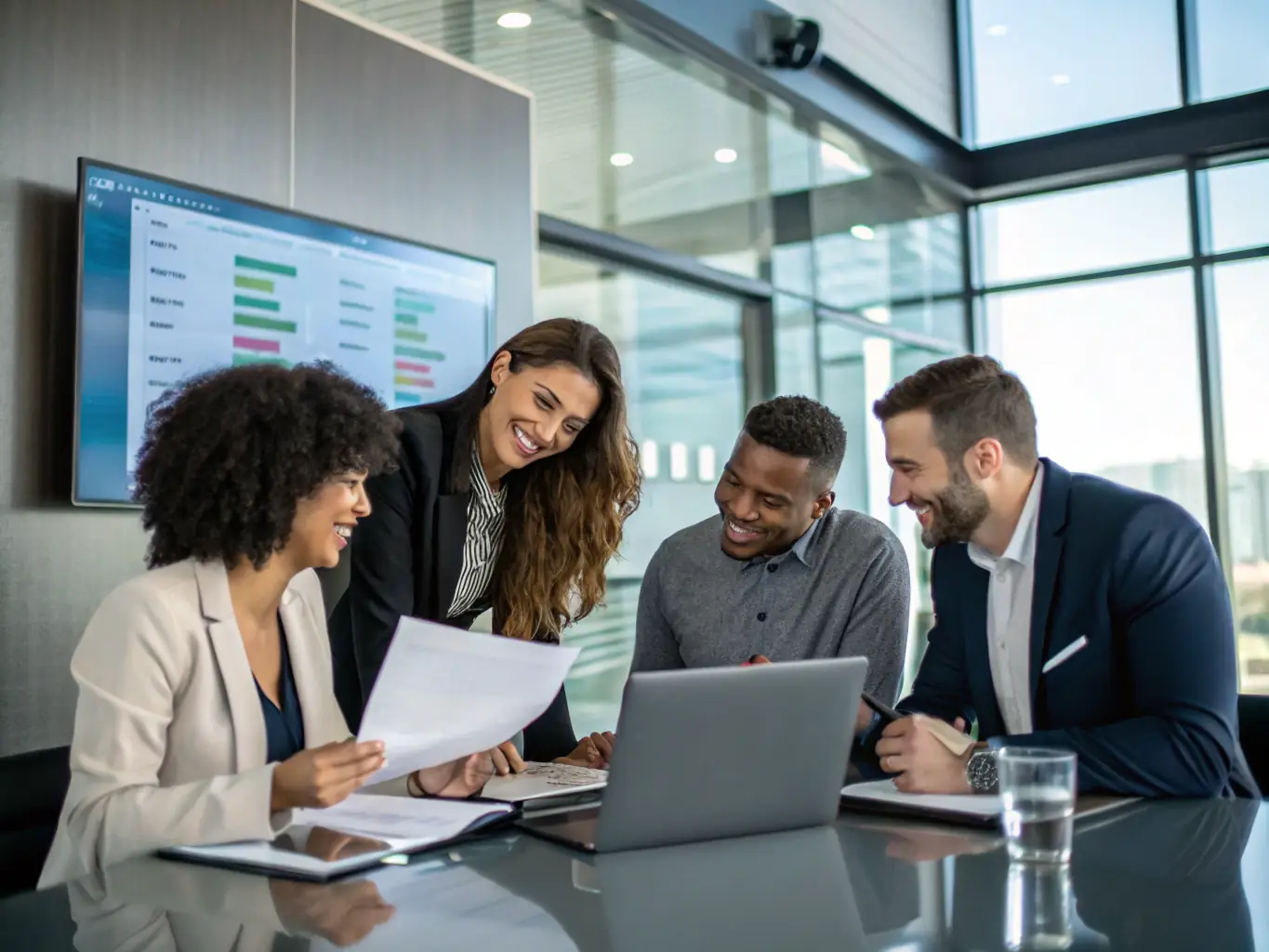 A photograph of a diverse team of business professionals collaborating effectively in a modern office environment, showcasing improved teamwork and communication.