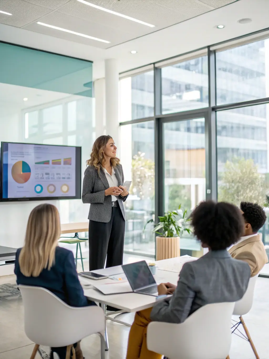 A British entrepreneur confidently presenting a successful business model to investors, highlighting growth and profitability.