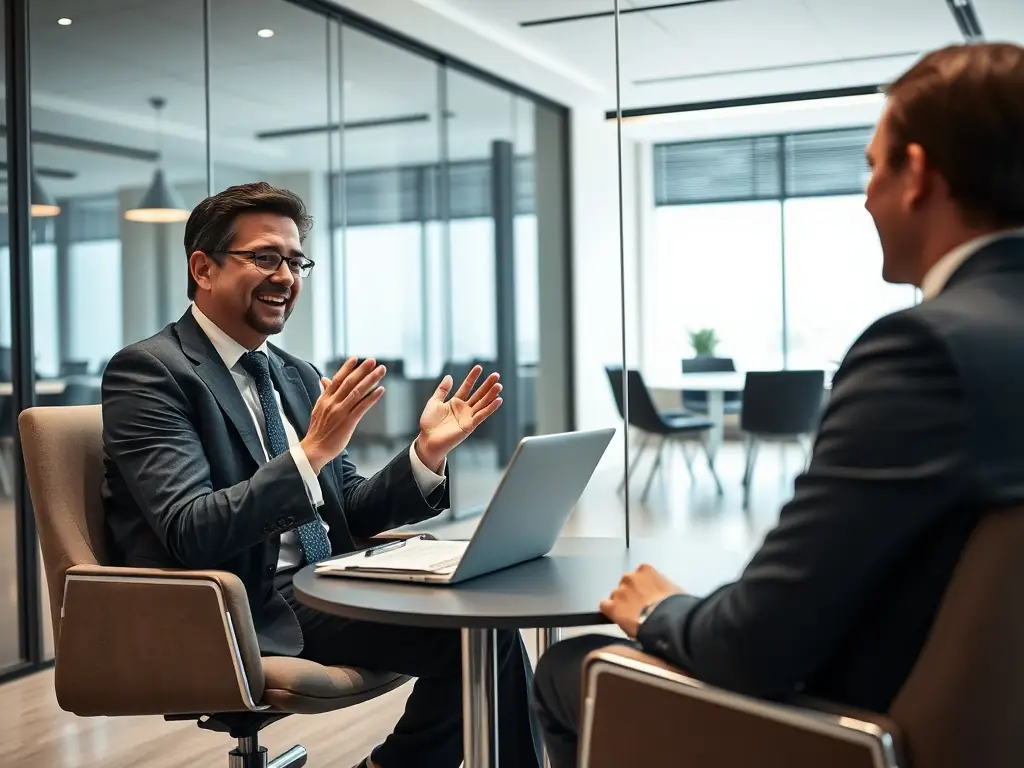 A photograph of a business coach in a modern office setting, actively listening and providing guidance to a client, with a whiteboard displaying strategic planning notes in the background.